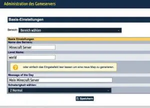 Webinterface NGZ Basis Server Einstellungen für die server.properties