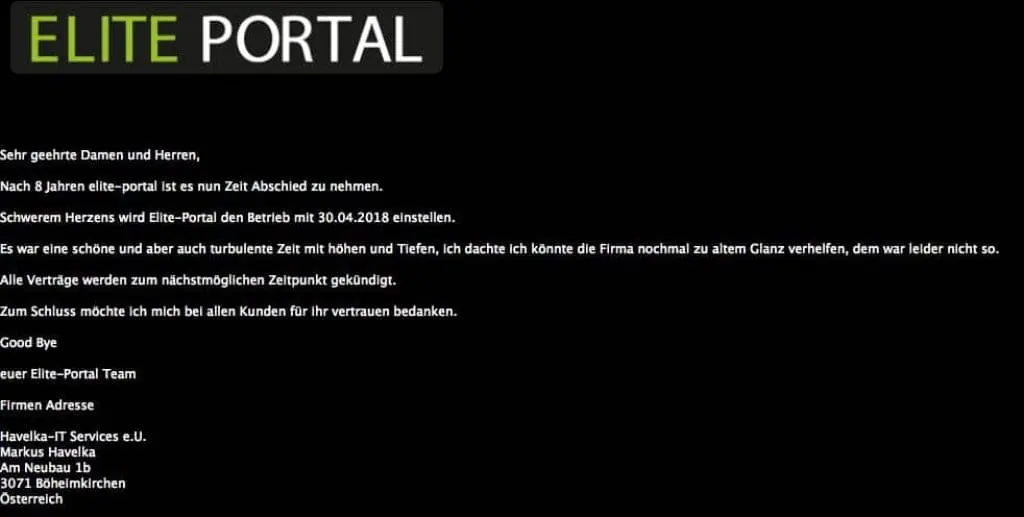 Elite-Protal-Screenshot Webseite, Einstellung des Services