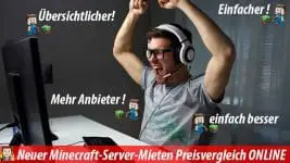 Ein junger Mann mit Kopfhörern feiert aufgeregt an seinem Computer. Der deutsche Text hebt die Vorteile hervor: Übersichtlicher!, Einfacher!, Mehr Anbieter!, einfach besser. Das Banner lautet: Neue Minecraftserver Preisliste und Server-Mieten Preisvergleich ONLINE.