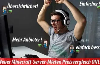 Ein junger Mann mit Kopfhörern feiert aufgeregt an seinem Computer. Der deutsche Text hebt die Vorteile hervor: Übersichtlicher!, Einfacher!, Mehr Anbieter!, einfach besser. Das Banner lautet: Neue Minecraftserver Preisliste und Server-Mieten Preisvergleich ONLINE.