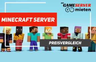 Eine Reihe von Minecraft-Figuren steht auf einem blauen Hintergrund mit Textüberlagerungen: MINECRAFT SERVER, PREISVERGLEICH, und MC GAMESERVER mieten in Deutsch, Hervorhebung minecraft server mieten vergleich für die besten Mietpreise.