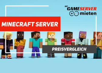 Eine Reihe von Minecraft-Figuren steht auf einem blauen Hintergrund mit Textüberlagerungen: MINECRAFT SERVER, PREISVERGLEICH, und MC GAMESERVER mieten in Deutsch, Hervorhebung minecraft server mieten vergleich für die besten Mietpreise.
