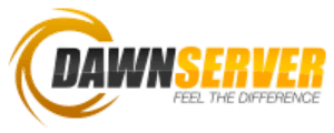 Das Bild zeigt das Logo für Dawn Server Gutschein. Es besteht aus einem orange-schwarzen Design mit dem Text „Dawn Server“, wobei „Dawn“ schwarz und „Server“ orange ist. Unter dem Text steht der Slogan „FEEL THE DIFFERENCE“ in kleinerer Schrift. Auf der linken Seite befindet sich ein orangefarbenes kreisförmiges Design.