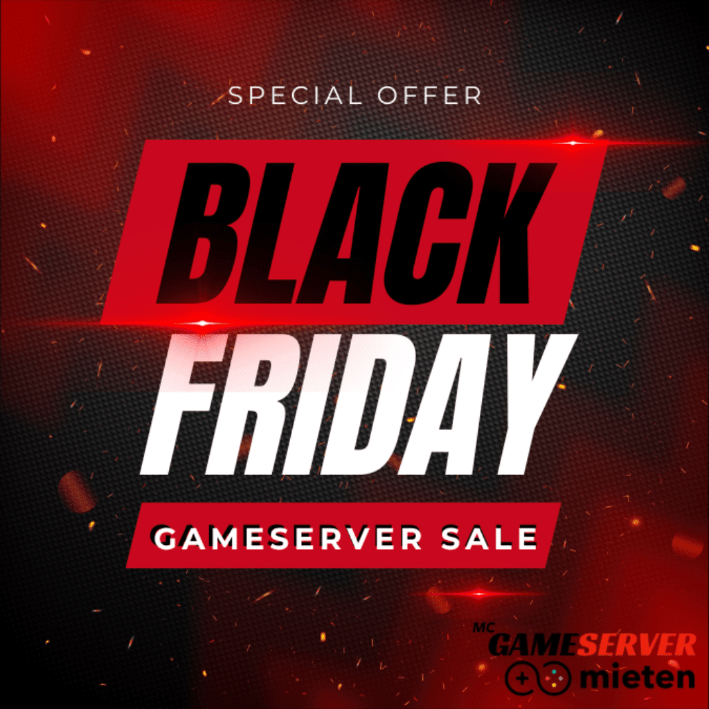 Werbegrafik mit „Sonderangebot“ in Weiß, „Black Friday“ in fettem schwarzen Text und „Gameserver Sale“ in Rot. Der dunkle strukturierte Hintergrund weist verstreute leuchtende Partikel auf. Das EMERALDHOST-Logo befindet sich in der unteren rechten Ecke und verstärkt den Reiz des Angebots von MC Gameserver Mieten.