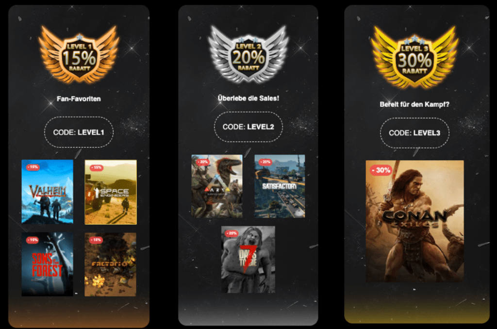 Drei vertikale Banner zeigen die Rabatte der BlackWeek 2024 bei GAMED!: Level 1 mit 15 % Rabatt, Level 2 mit 20 % Rabatt und Level 3 mit satten 30 % Rabatt. Auf jedem Level sind Spielecover und ein Rabattcode – LEVEL1, LEVEL2, LEVEL3 – in deutscher Sprache zu sehen.