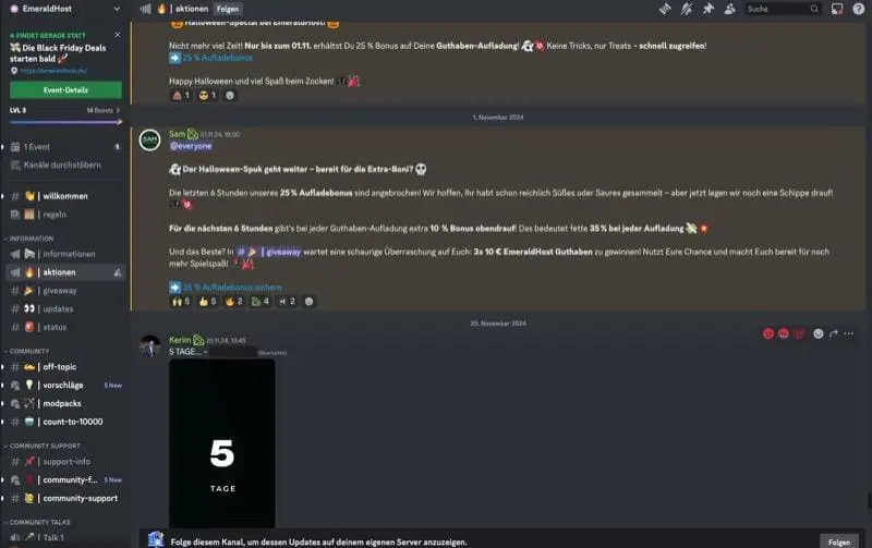 Auf einem Discord-Server-Bildschirm werden Textnachrichten und eine EMERALDHOST-Ankündigung über einen 25 %-Guthabenbonus in den nächsten 5 Stunden angezeigt. Das Countdown-Bild zeigt „5 TAGE“. Der dunkle Hintergrund hebt verschiedene links aufgeführte Chat-Kanäle hervor.