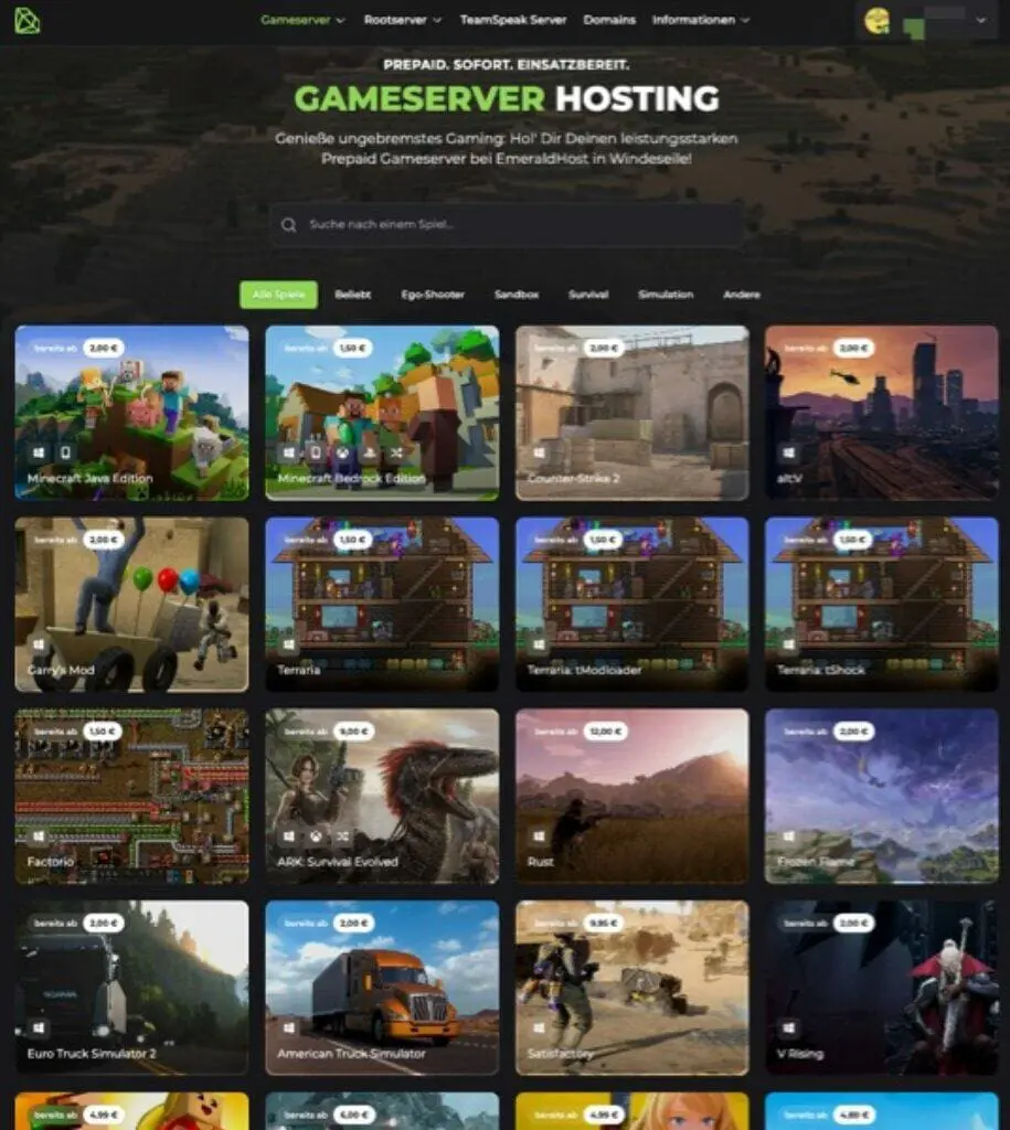 Screenshot einer Website, die einen Spieleserver hostet und verschiedene Spieleoptionen präsentiert. Zu den vorgestellten Spielen gehören Minecraft und andere, jeweils mit Bildern und Preisen. Die Website verfügt über Registerkarten für verschiedene Genres und eine Suchleiste oben. Text auf Deutsch.
