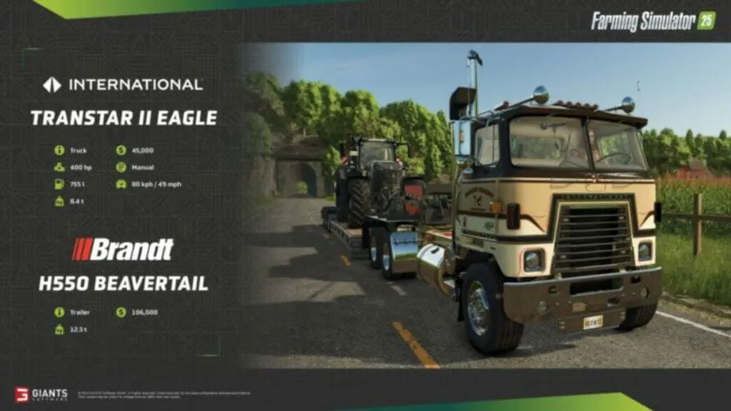 Ein detailliertes Werbebild eines alten International Transtar II Eagle-Trucks, der einen Brandt H550 Beavertail-Anhänger in einer ländlichen Umgebung aus Farming Simulator 25 zieht. Auf der linken Seite sind die Spezifikationen aufgeführt: 400 PS, Handbuch und Statistiken für jedes Fahrzeug. Der Truck fährt auf einer sonnigen Straße.