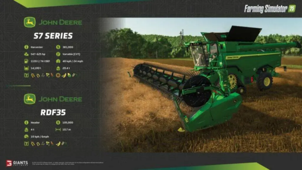 Im Landwirtschafts-Simulator 25 wird ein grüner John Deere-Erntewagen der S7-Serie bei der Arbeit auf einem Feld gezeigt. Das Bild hebt die beeindruckende Motorleistung und Kapazität hervor und betont seine fortschrittliche Funktionalität und Funktionen im Spiel.