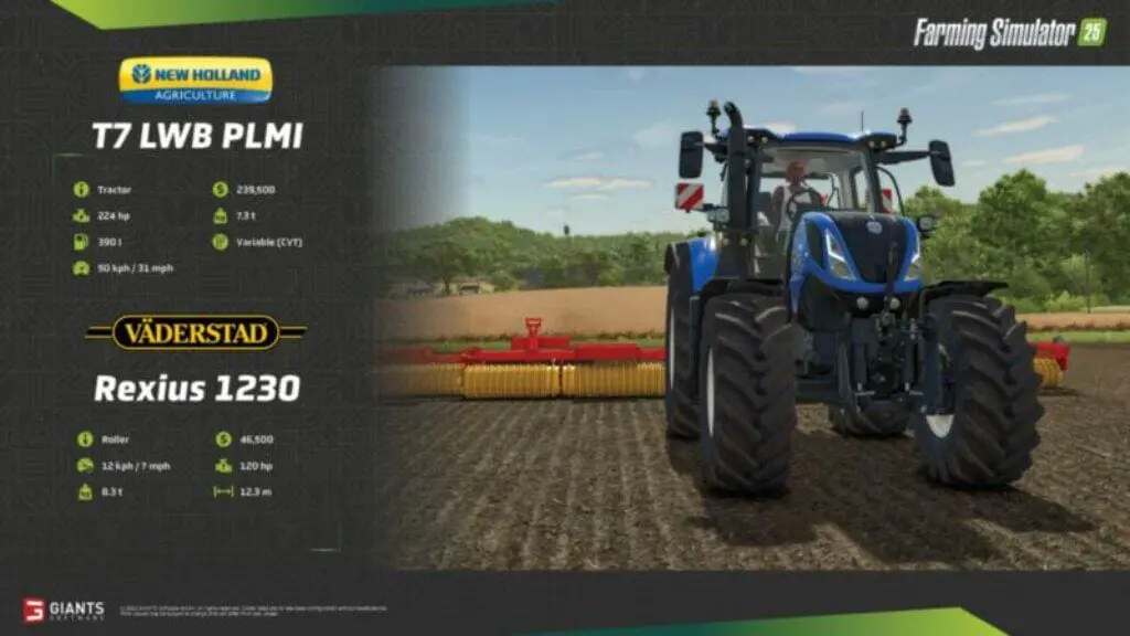 Ein blauer New Holland T7 LWB PLMI-Traktor, der an die Grafik von Farming Simulator 25 erinnert, steht mit einer Väderstad Rexius 1230-Walze auf einem Feld. Das Bild hebt Spezifikationen wie 224 PS und eine Höchstgeschwindigkeit von 50 km/h sowohl für den Traktor als auch für die Walze hervor.