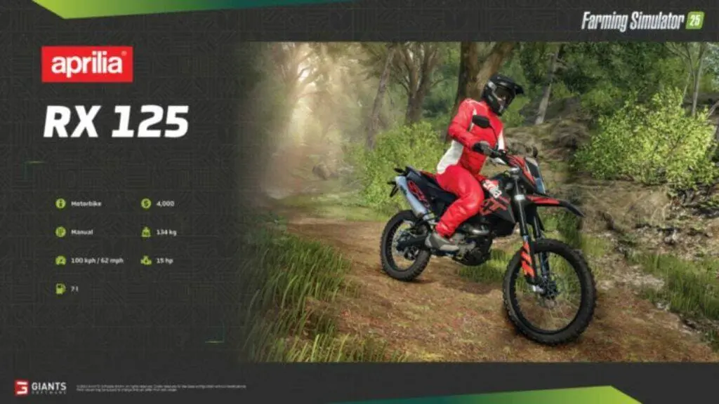 Eine digitale Darstellung eines Fahrers auf einem roten Motorrad vom Typ Aprilia RX 125, der einen Waldweg befährt, was an das zerklüftete Gelände in Farming Simulator 25 erinnert. Das Bild enthält Text mit detaillierten Angaben zu den technischen Daten des Motorrads, wie etwa Motorleistung, Gewicht und Höchstgeschwindigkeit.