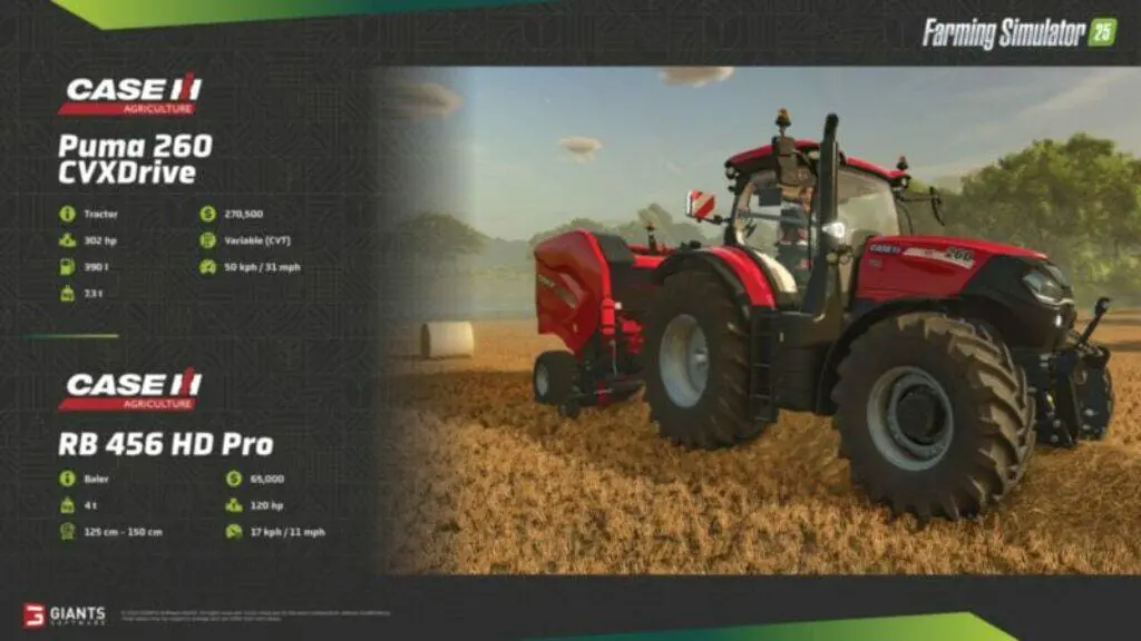 In diesem Screenshot von Farming Simulator 25 ist ein roter Case IH Puma 260 CVXDrive-Traktor fachmännisch mit einer RB 456 HD Pro-Ballenpresse auf dem Feld gepaart. Auf der linken Seite zeigen detaillierte Spezifikationen PS und Geschwindigkeit und verdeutlichen die Liebe zum Detail und Realismus des Spiels.