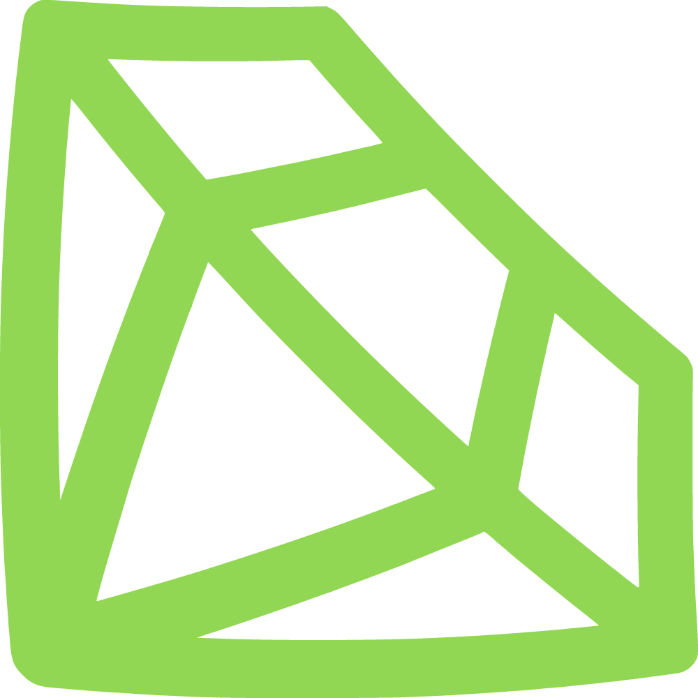 Eine stilisierte grüne geometrische Form, die einem Edelstein oder Kristall ähnelt, umrandet von eckigen, sich kreuzenden Linien, die polygonale Abschnitte bilden. Das Design hat ein modernes, abstraktes Aussehen.
