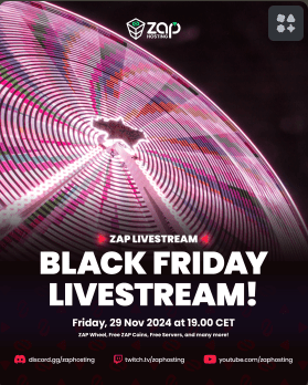 Poster für den ZAP-HOSTING Black Friday 2024 Livestream am 29. Nov. um 19:00 Uhr MEZ. Enthält abstrakte kreisförmige Grafiken in Rosa und Grün mit Logos für Discord, Twitch und YouTube, die das ZAP Wheel, kostenlose ZAP Coins und weitere verlockende Überraschungen hervorheben.