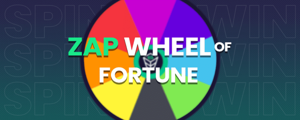 Es wird ein buntes Rad mit leuchtenden Segmenten angezeigt, in dessen Mitte „Zap Wheel of Fortune“ prangt. Im Hintergrund wiederholt der verblasste Text „Spin Win“ und bereitet damit die Bühne für das Black Friday 2024-Spektakel von ZAP-HOSTING.