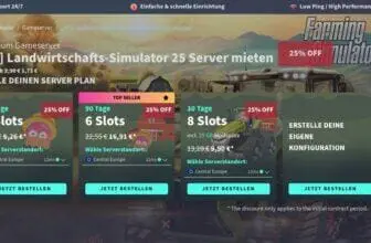 Bild einer Webseite GPORTAL, die verschiedene Server-Mietpläne für „Farming Simulator 25“ anbietet. Es bietet Preisoptionen für 6 und 8 Slots mit 25 % Rabatt. Enthält ein Topseller-Tag, eine Option „Eigene Konfiguration erstellen“ und eine Bestellschaltfläche.