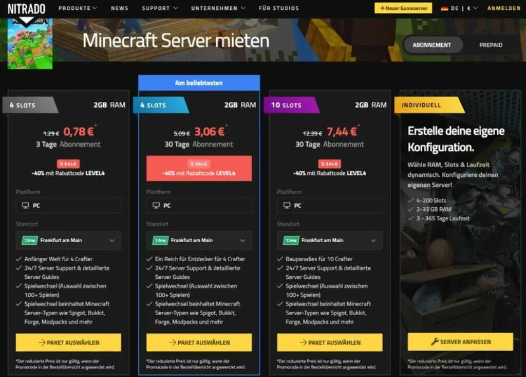 Screenshot einer Webseite, die Mietoptionen für Minecraft-Server von Nitrado präsentiert, mit lebendigen Bannern und detaillierten Servicebeschreibungen. Es werden Pläne mit unterschiedlichen Slots und Preisen hervorgehoben, darunter ein spezieller Rabatt auf 30-Tage-Abonnements.
