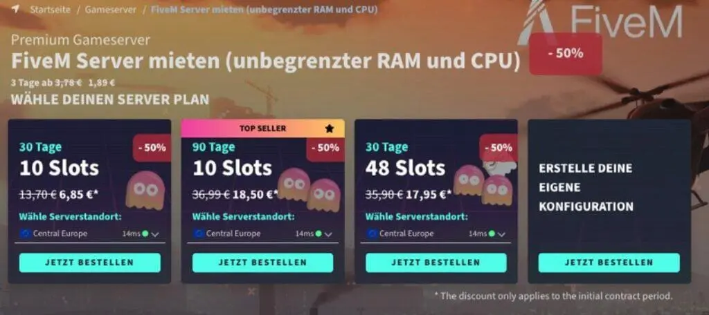 Screenshot einer FiveM-Server-Mietseite auf GPORTAL mit ermäßigten Preisen für 10 oder 48 Slots über 30 Tage, hervorgehoben durch ein rosa „-50%“-Abzeichen und „Jetzt bestellen“-Schaltflächen für eine einfache Bestellung.