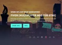 Ein Werbebanner bietet 50 % Rabatt auf neue FiveM-Server. Im Hintergrund ist eine Stadtlandschaft in der Abenddämmerung zu sehen, mit Cartoon-Symbolen und grünen Buttons mit der Aufschrift „SPARE 50%!“ und „WIKI“.