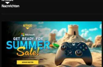 Werbung für den Sommerschlussverkauf von Nitrado mit einem Microsoft Xbox-Controller auf Sand und verschwommenen Sandburgen im Hintergrund. Der Text lautet: „Machen Sie sich bereit für den Sommerschlussverkauf! FiveM-Server-Rabatt – Server mieten.“.