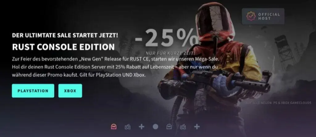 Eine maskierte Figur mit einer Waffe kennzeichnet die RUST CE-Verkaufsaktion für die „Rust Console Edition“, die für begrenzte Zeit 25 % Rabatt bietet. Unten erscheinen PlayStation- und Xbox-Buttons mit deutschem Text.