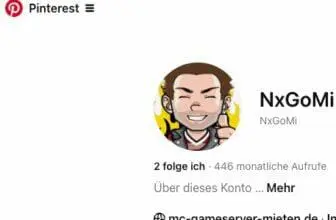 Screenshot eines Pinterest-Profils mit einem Cartoon-Avatar einer lächelnden Person mit braunen Haaren, die einen Daumen hoch zeigt. Der Benutzername lautet „NxGoMi“, es gibt 446 monatliche Aufrufe und die Stimmung sagt: Jetzt sind wir auf Pinterest!.