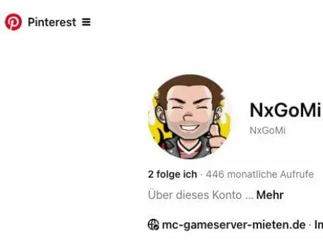 Screenshot eines Pinterest-Profils mit einem Cartoon-Avatar einer lächelnden Person mit braunen Haaren, die einen Daumen hoch zeigt. Der Benutzername lautet „NxGoMi“, es gibt 446 monatliche Aufrufe und die Stimmung sagt: Jetzt sind wir auf Pinterest!.