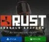Auf dem Cover der „Rust Console Edition“ ist eine Figur mit rotem Helm und gelbem Anzug abgebildet, die eine Waffe hält, mit PlayStation 4- und Xbox One-Logos sowie einem Text, der auf den RUST CE Sale hinweist – verpassen Sie nicht Ihre Chance, das Spiel jetzt zu kaufen!.