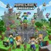 Zeichentrickfiguren aus Minecraft springen mit Werkzeugen und Waffen durch eine mittelalterliche Festung. Über ihnen erscheint „Minecraft Crossplay“ und verspricht nahtlosen plattformübergreifenden Spaß auf PC, Xbox und Nintendo Switch.