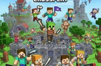 Zeichentrickfiguren aus Minecraft springen mit Werkzeugen und Waffen durch eine mittelalterliche Festung. Über ihnen erscheint „Minecraft Crossplay“ und verspricht nahtlosen plattformübergreifenden Spaß auf PC, Xbox und Nintendo Switch.