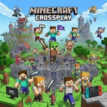 Zeichentrickfiguren aus Minecraft springen mit Werkzeugen und Waffen durch eine mittelalterliche Festung. Über ihnen erscheint „Minecraft Crossplay“ und verspricht nahtlosen plattformübergreifenden Spaß auf PC, Xbox und Nintendo Switch.