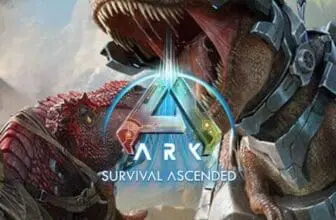 Das Titelbild von "ARK: Survival Ascended" zeigt gepanzerte Dinosaurier im Kampf, eine Person in futuristischer Rüstung reitet auf einem der Dinosaurier, und in der Mitte das Logo des Spiels.