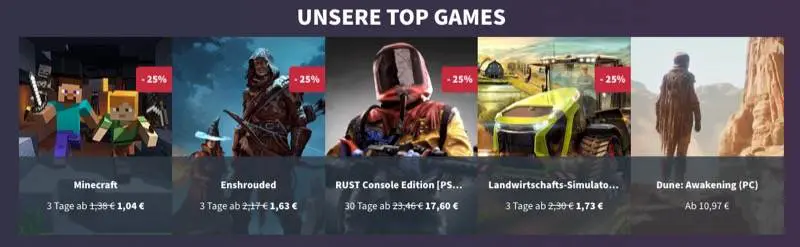 Ein horizontales Banner präsentiert fünf Top-Spiele mit Titelbildern, Titeln, Rabatt-Tags und Preisen, darunter Minecraft, Enshrouded, RUST Console Edition, Landwirtschafts-Simulator und Dune: Awakening (PC) im GPORTAL-Sommerangebot.