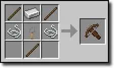Ein Minecraft-Crafting-Gitter zeigt Stöcke, Schnur und einen Eisenbarren, die so angeordnet sind, dass ein Enterhaken hergestellt werden kann, ähnlich wie eine Minecraft-Armbrust. Der fertige Gegenstand erscheint im Ausgabefeld auf der rechten Seite.