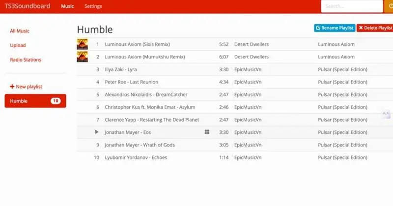 Eine Musik-Wiedergabeliste mit dem Titel "Humble" wird auf dem TS3Soundboard angezeigt. Sie enthält 10 Lieder mit Dauer, Interpreten und Alben - ideal für die Verwendung als Musikbot für Discord. Optionen zum Umbenennen oder Löschen der Wiedergabeliste erscheinen oberhalb der Titelliste.