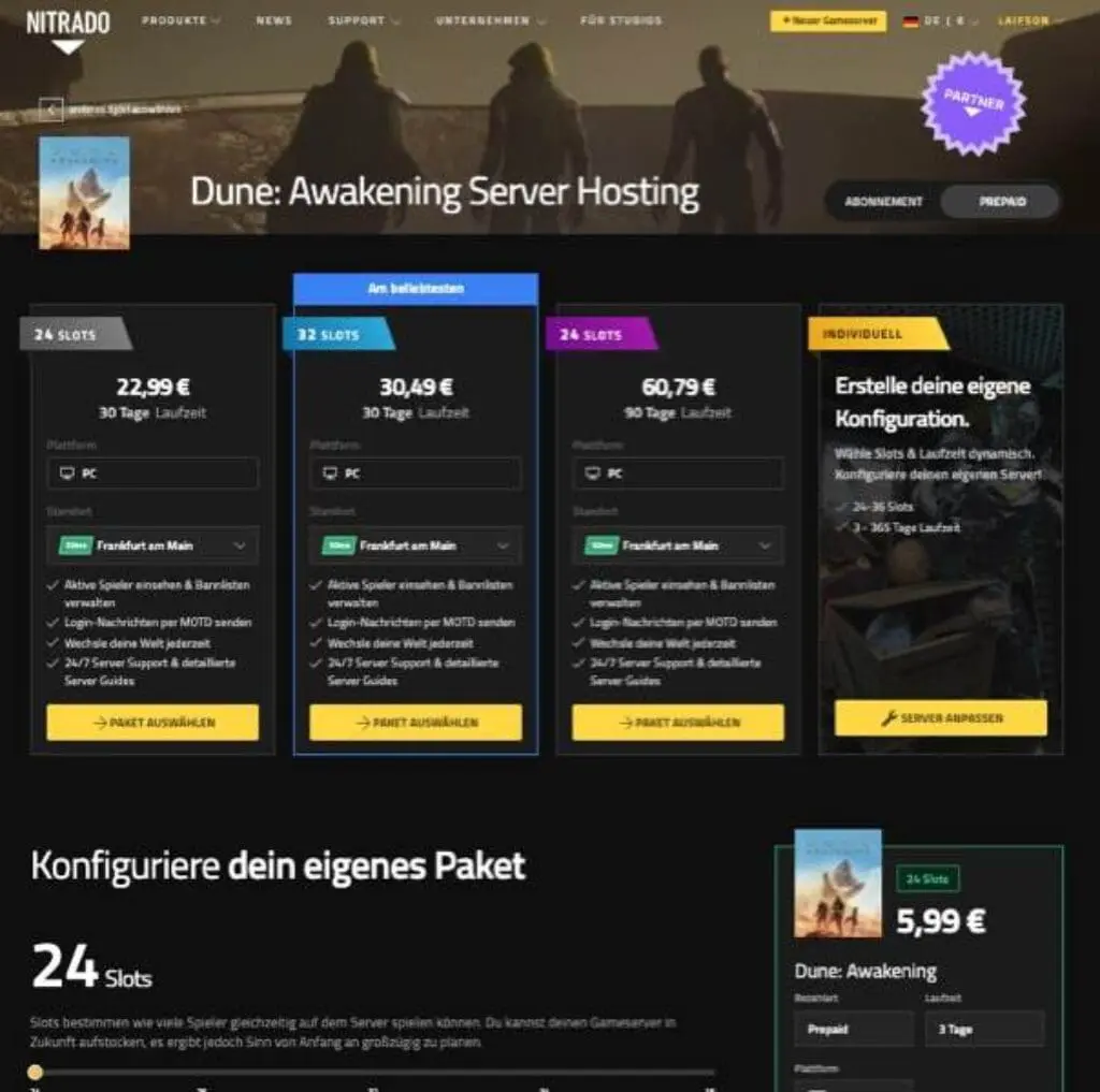 Eine Webseite präsentiert die Dune: Awakening Server-Hosting-Optionen, mit Slot-Paketen, Preisen und einer benutzerdefinierten Konfiguration. Die Abschnitte enthalten Paketdetails und ein hervorgehobenes Serverbild mit Preisen in einem dunklen Thema mit gelben Akzenten.