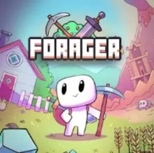 Eine niedliche, weiße, kastenförmige Figur, die eine Spitzhacke hält, steht vor einer bunten Cartoon-Landschaft mit einem Haus, Bäumen, einer Windmühle und Feldfrüchten. Forager draft steht in fetten, verpixelten Buchstaben darüber.