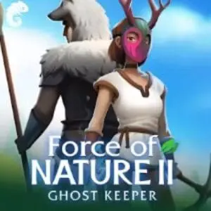 Zwei animierte Figuren stehen Rücken an Rücken, eine mit weißer Maske und Geweih, die andere in Pelzkleidung, vor einem blauen Himmel. Der Text Force of Nature II: Ghost Keeper erscheint darunter - entwirf deine Strategie und erlebe spannende Gewinne!.