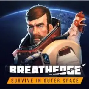 Ein Cartoon-Astronaut mit Schnurrbart und einem Huhn auf der Schulter wird vor einem Planeten gezeigt. Nehmen Sie am Breathedge: Survive in Outer Space Wettbewerb teil und gewinne!.