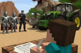 Eine Minecraft-ähnliche Figur schreibt an einem Schreibtisch mit einer Checkliste mit der Aufschrift "Umfrage 2025", während Ritter, ein moderner Soldat, ein Dinosaurier und ein grüner Traktor in einer blockhaften Außenszene unter einem sonnigen Himmel zusammenstehen.
