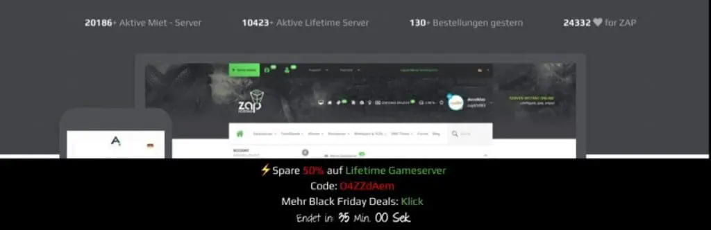 Screenshot einer Website mit Gameserver-Angeboten: Ein Banner hebt aktive Server, ein Lifetime-Server-Angebot und exklusive Black Friday 2025 Blitzgutscheincodes für 50% Rabatt hervor. Der Countdown-Timer zeigt an, dass das Angebot bald ausläuft.