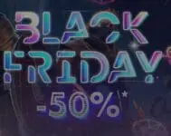 Der Neon-Text BLACK FRIDAY 20 -50%* leuchtet vor einem dunklen Hintergrund mit subtilen Formen und hellen Highlights und wirbt für einen 50 %igen Rabatt am Black Friday.