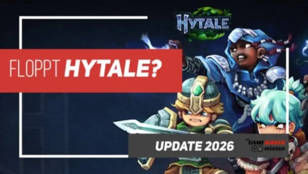 Drei bunte, gepanzerte Figuren aus Hytale posieren mit Waffen. Der Text lautet "Floppt Hytale?" und "Update 2026" mit dem Hytale-Logo im Hintergrund, was auf spannende Hytale-Neuigkeiten für Fans hinweist, die auf Updates warten.