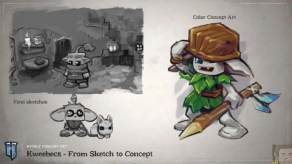 Konzeptkunst zeigt die Entwicklung eines Kweebec-Charakters aus Hytale, mit frühen Graustufen-Skizzen und einer detaillierten, farbigen Version, die einen Stab hält. Für weitere Updates bleibt auf Hytale News dran! Der Text lautet Kweebecs - Von der Skizze zum Konzept.