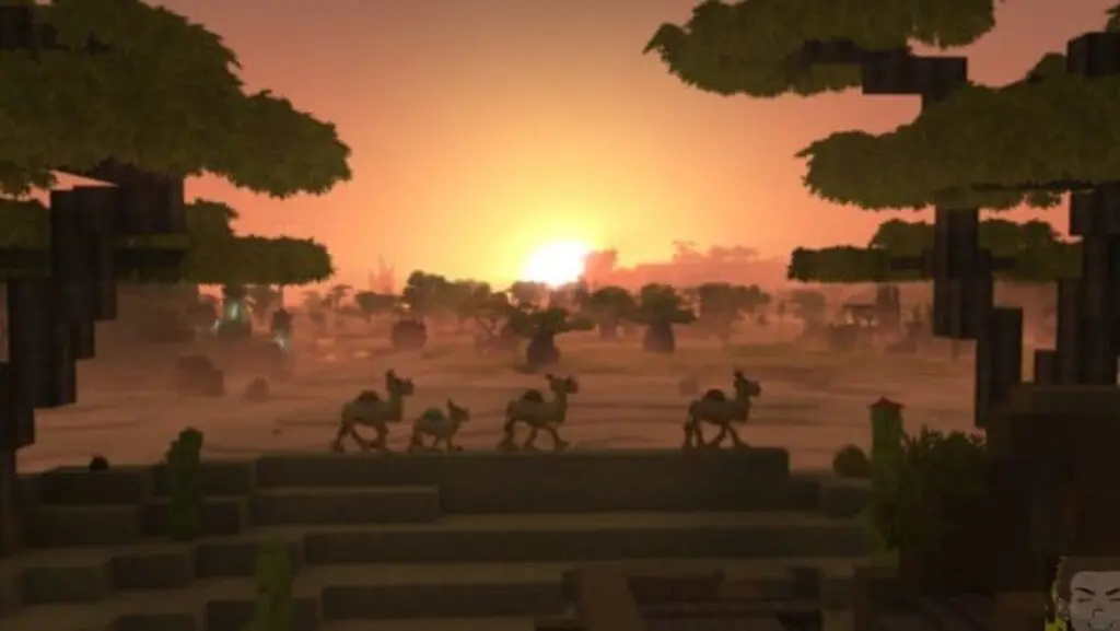 Klotzige, verpixelte Kamele laufen bei Sonnenuntergang durch eine Wüstenlandschaft, eingerahmt von stilisierten Bäumen - eine Szene, die in den neuesten Hytale-Nachrichten vorkommen könnte. Die Sonne leuchtet in der Nähe des Horizonts und wirft ein warmes, orangefarbenes Licht auf das Gelände.