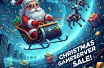 Der Weihnachtsmann mit Sonnenbrille fährt auf einem Schlitten in Form eines Gamecontrollers, gezogen von Rentieren, durch einen digitalen Serverraum. Geschenke und Konfetti fliegen umher, und an prominenter Stelle steht "Gameserver Christmas Sale".