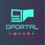 Logo für GPORTAL mit einem stilisierten G und einem Flaggensymbol über dem Wort GPORTAL in blaugrüner Schrift auf dunklem Hintergrund, mit bunten Icons und Symbolen unter dem Namen.