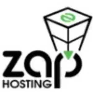 Logo für ZAP-Hosting mit einem stilisierten schwarzen Würfel mit grünen Akzenten über dem fetten Text "zap hosting". Der Würfel ähnelt einem Server und enthält ein grünes, kreisförmiges Symbol auf seiner Oberseite.