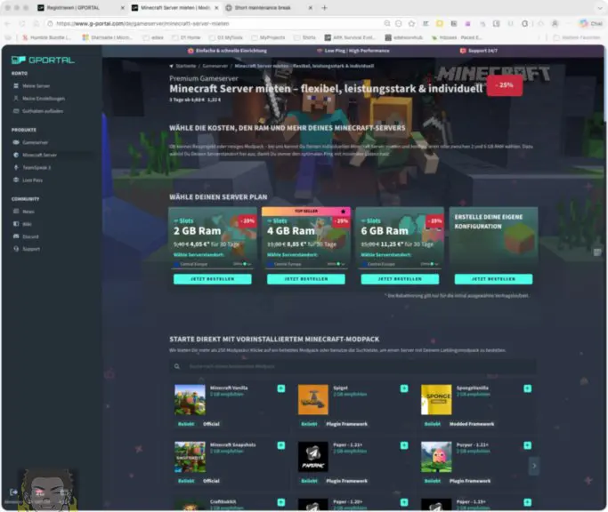 Screenshot der GPORTAL-Website mit Mietoptionen für Minecraft-Server, Preisplänen für verschiedene RAM-Mengen und einem Bereich, der vorinstallierte Minecraft-Modpacks anzeigt. Die Oberfläche der Website ist in dunklen Farben und hellen Akzenten gehalten.