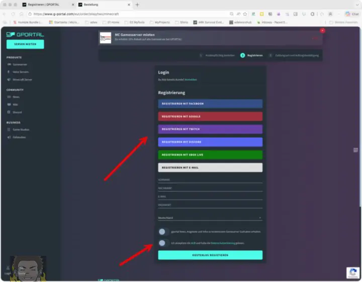 Auf einem Computerbildschirm wird die GPORTAL-Registrierungsseite angezeigt, auf der die Registrierungsoptionen (Facebook, Discord, Twitch, Steam und E-Mail) hervorgehoben werden. Zwei rote Pfeile zeigen auf die E-Mail-Registrierungsfelder und die Schaltfläche "KOSTENLOS REGISTRIEREN".